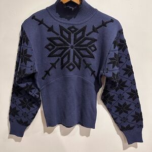 NILS Vintage Wool Blend Blue Nordic Embroidered Cowl Neck Ski Sweater Size M‎